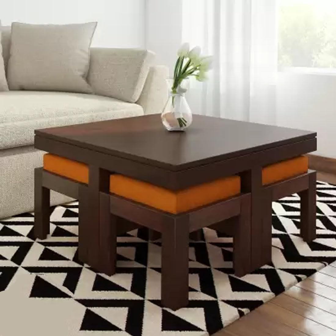 Premium Sheesham Wood Coffee Table for Living Room | Solid Wood Coffee Table, Center Table, Tea Table | Wooden Coffee Table with 4 Stool |Best Furniture for Home