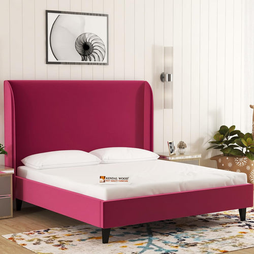 Engineered Wood Upholstered King Size Bed | Wooden for Living Room Furniture - Velvet Pink Fabric