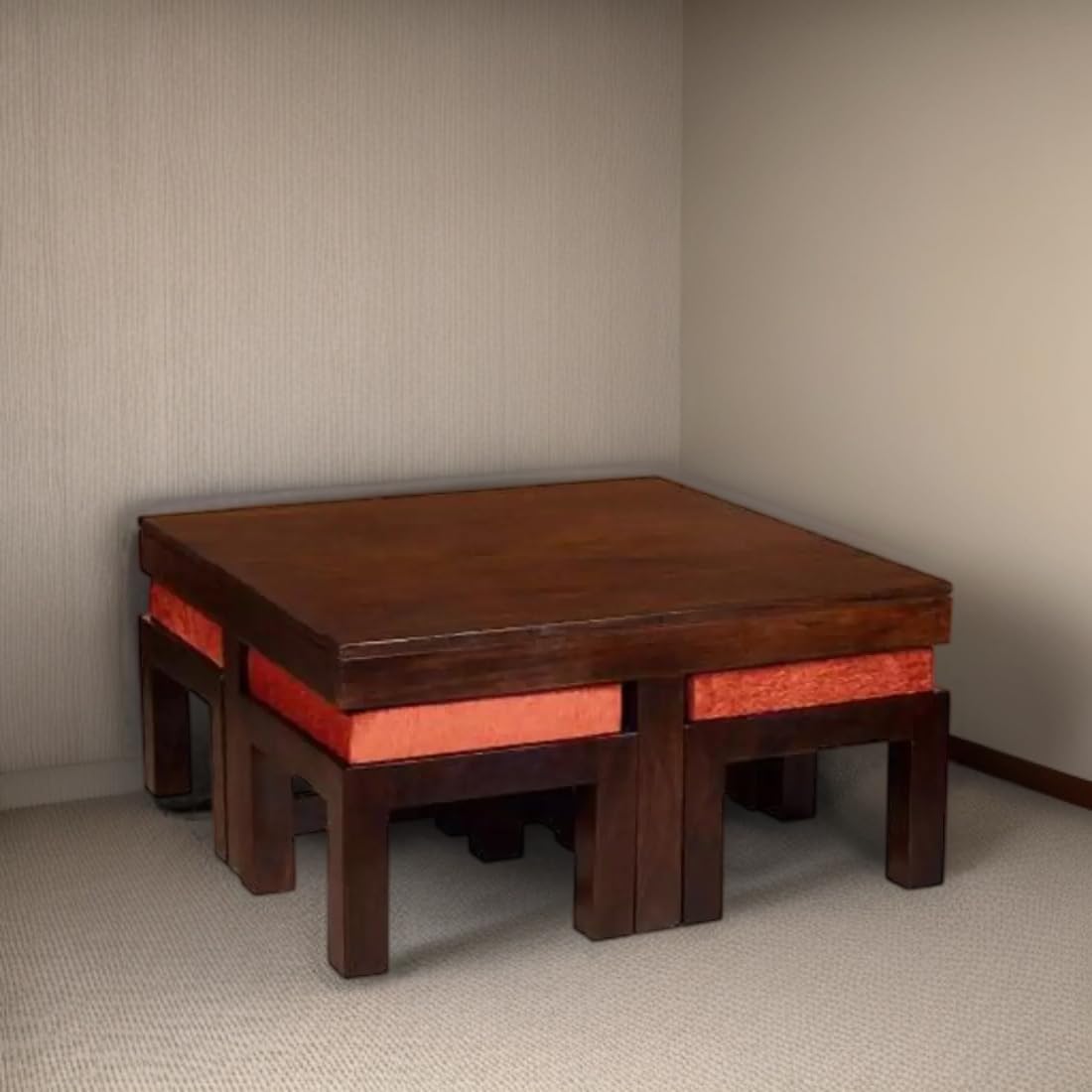 Premium Sheesham Wood Coffee Table for Living Room | Solid Wood Coffee Table, Center Table, Tea Table | Wooden Coffee Table with 4 Stool |Best Furniture for Home
