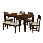 Sheesham Wood CNC Cuting Dining Table with 4 Chairs with 1 Bench|6 Seater Dining Set- Dining Room Furniture
