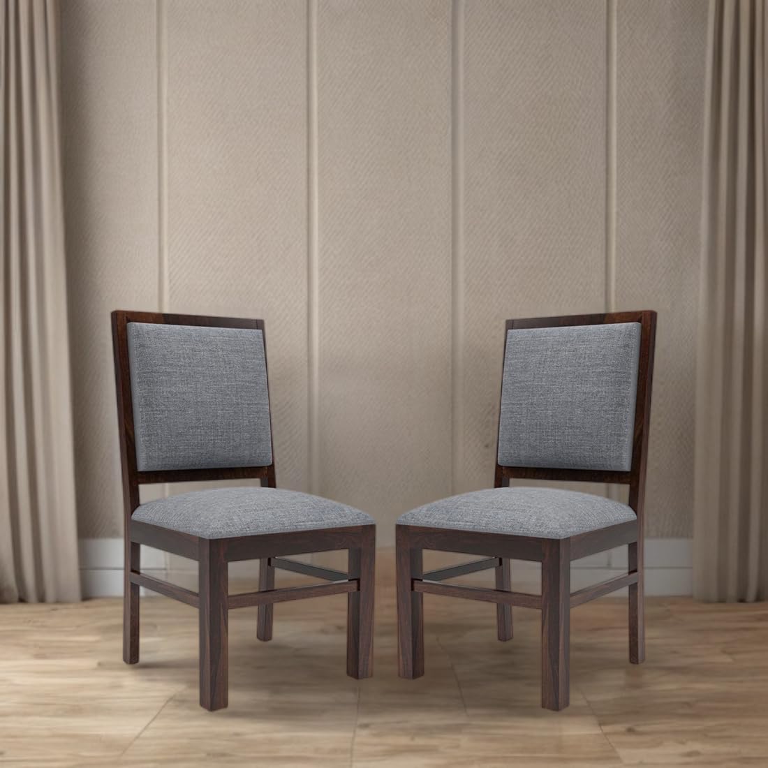 Modern Home Furniture | Solid Wood Dining Chair Set of 2 | Study Chair for Home & Office |Walnut Finish with Grey Cushions