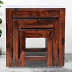 Sheesham Wood Nesting Stools for Living Room, Wooden Tables, Set of 3, Brown