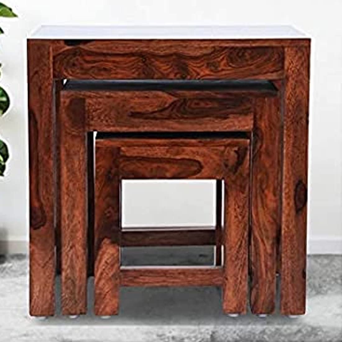 Sheesham Wood Nesting Stools for Living Room, Wooden Tables, Set of 3, Brown