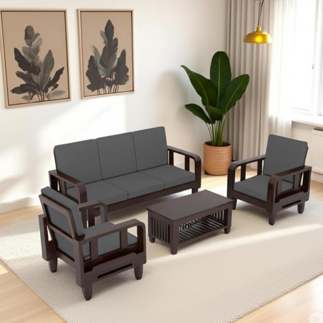 Solid Wood 5 Seater Wooden Sofa Set for Living Room Furniture | 3+1+1 Sofa Set with Center Table | Furniture for Home & Hotels