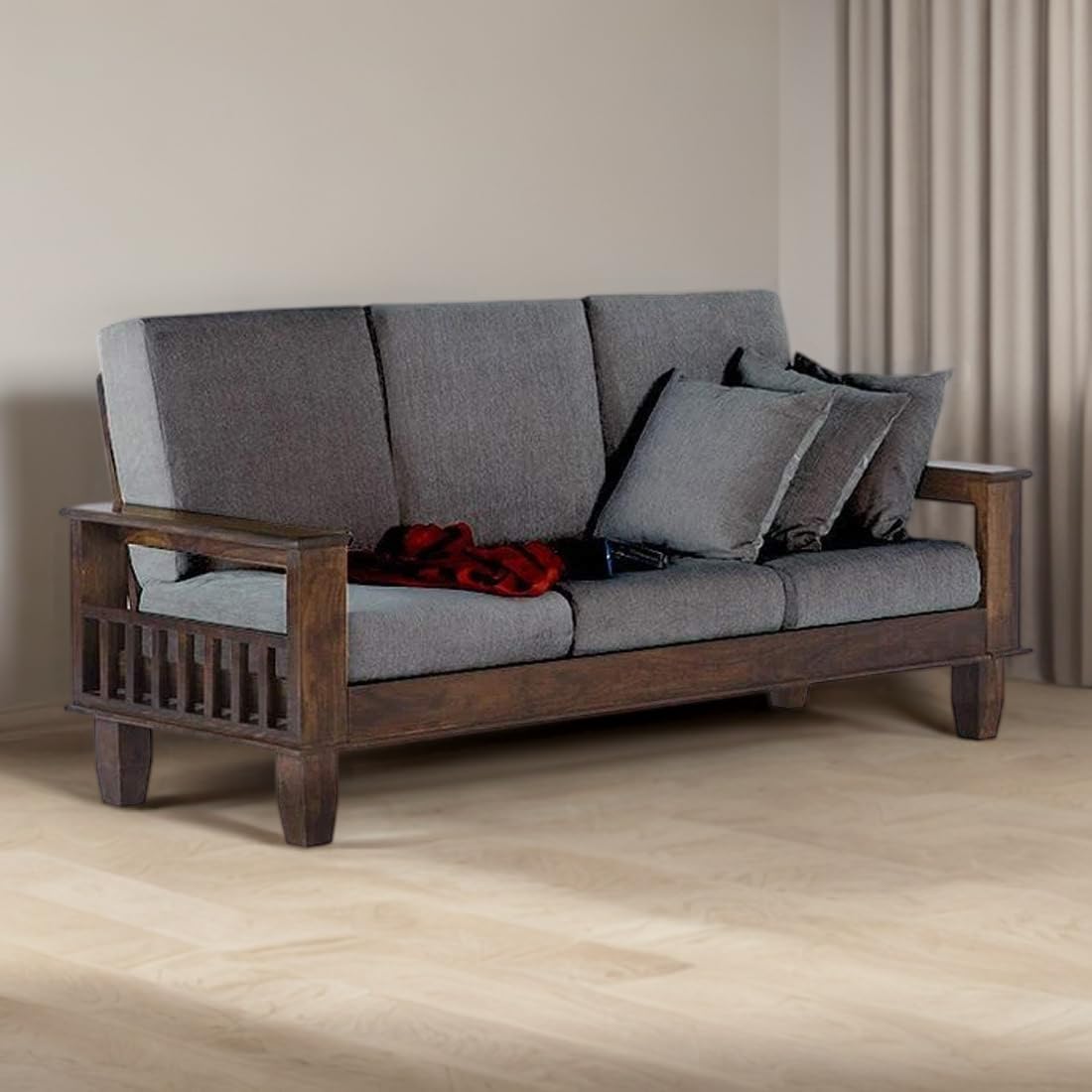 Solid Sheesham Wood 3 Seater Wooden Sofa Set with Brown Cushions 3 Seater Sofa
