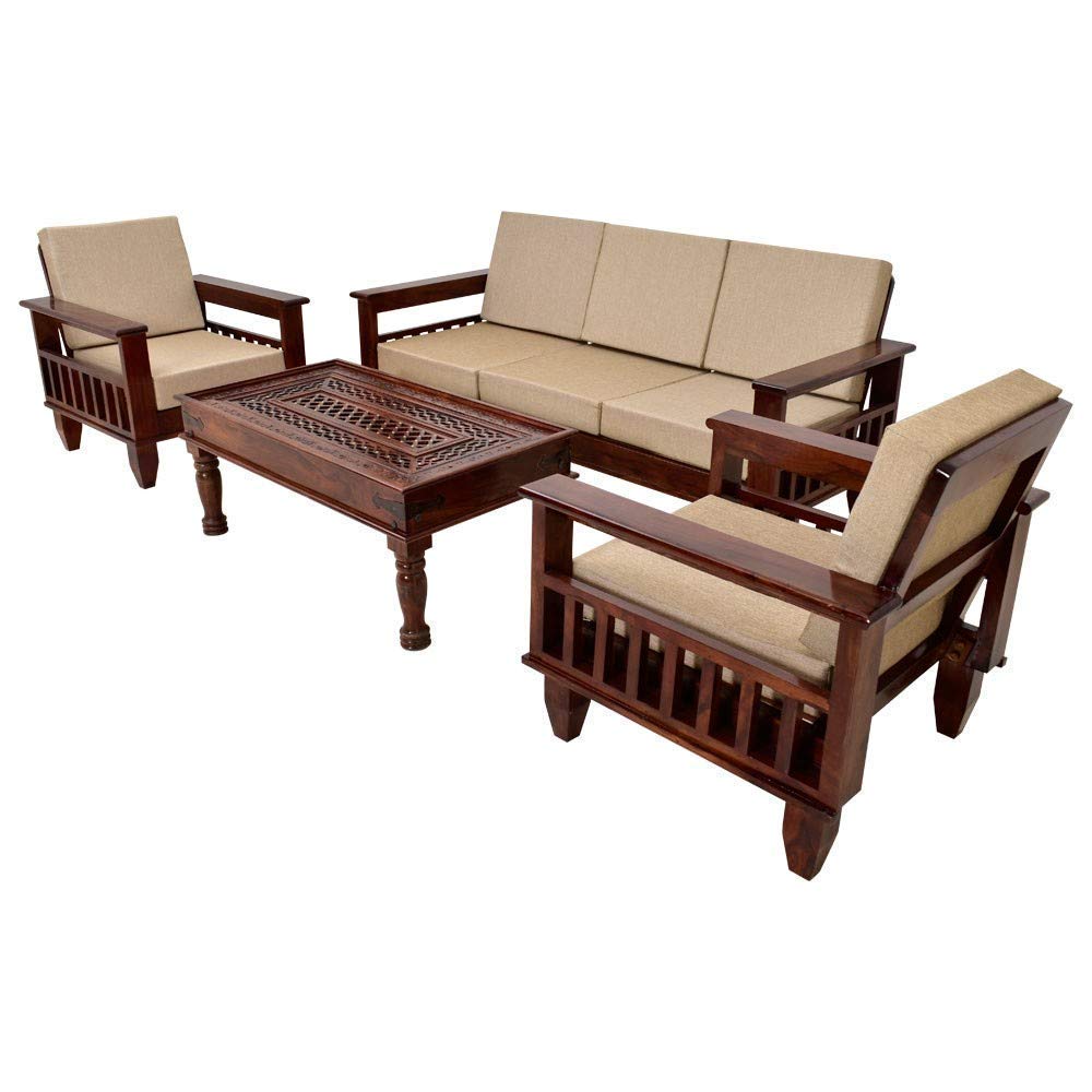 Solid Sheesham Wood 5 Seater Sofa Set | Living Room Wooden Sofa Set 3+1+1With Cushions