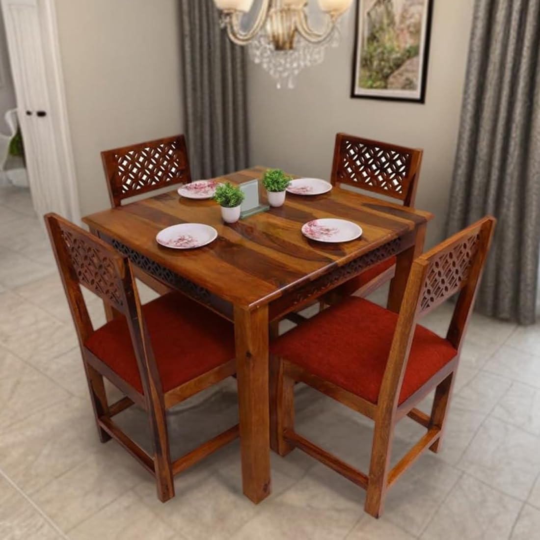 Sheesham Wood 4 Seater Dining Table with 4 Chairs and Cushion