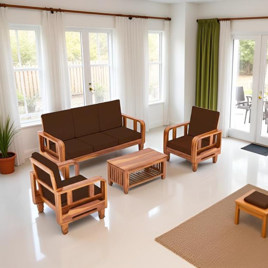 Solid Wood 5 Seater Wooden Sofa Set for Living Room Furniture 5 Seater 3+1+1 Fabric Sofa Set with Center Table
