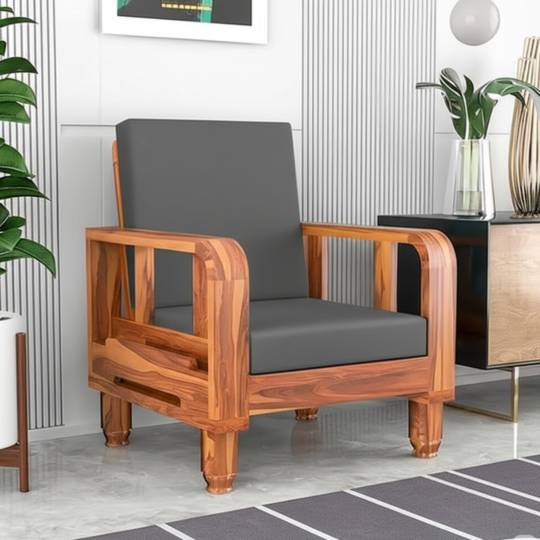 Solid Wood 1 Seater Wooden Sofa Set for Living Room Furniture | Sofa for Home & Office | 1 Seater Sofa