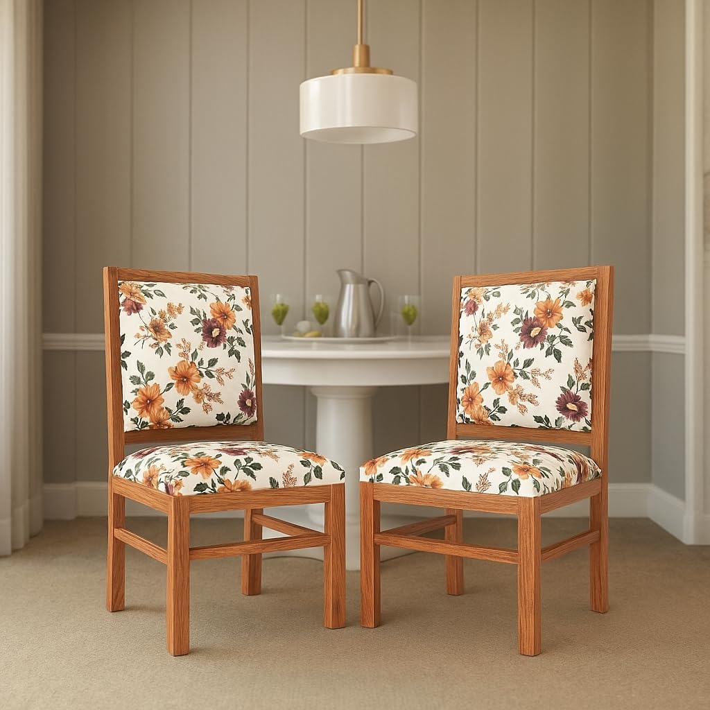 Modern Home Furniture | Solid Wood Set of 2 Dining | Study Chair | Home & Office Furniture | Honey Finish with Flower Printed Cushions | Pre Assembled (Ready to Use)