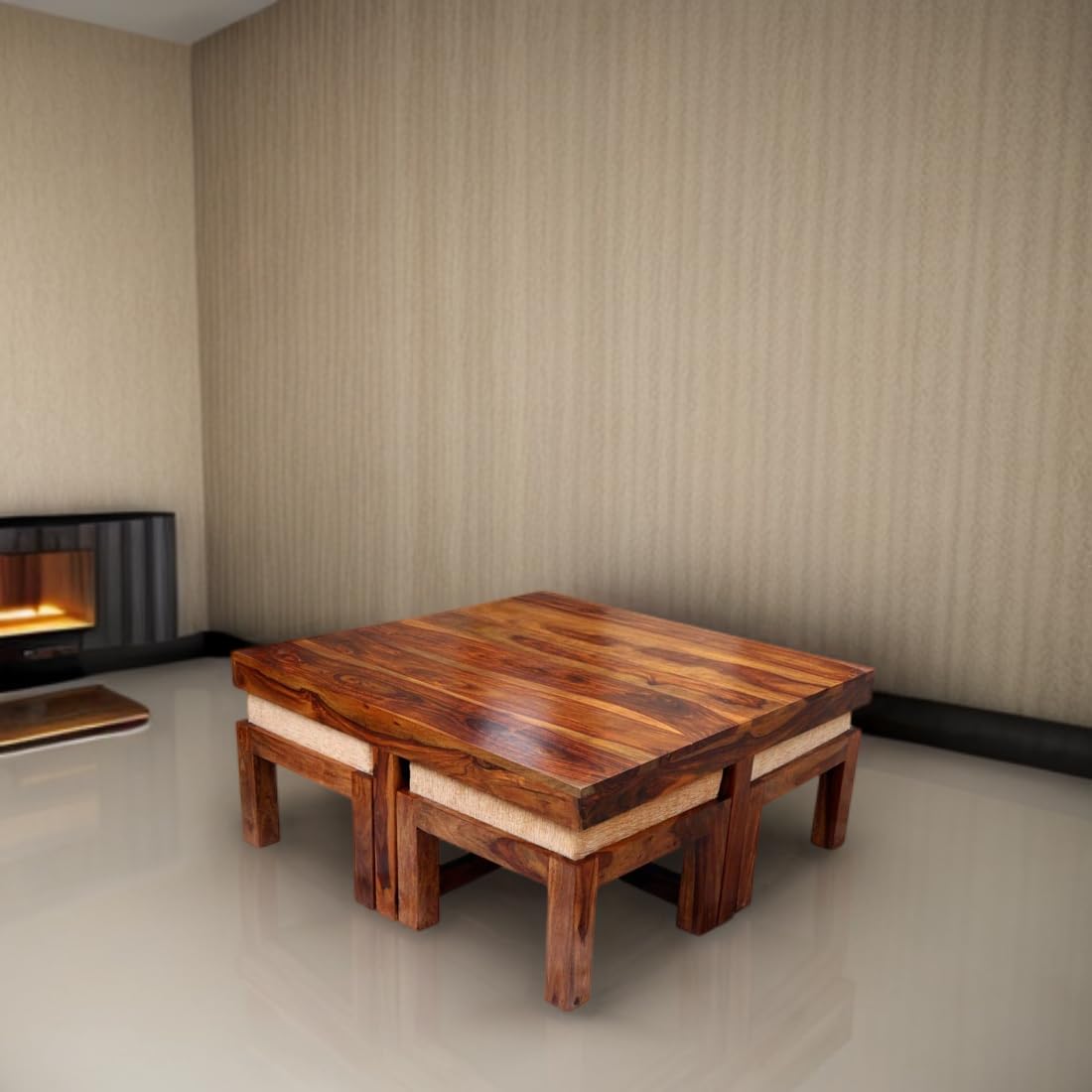 Premium Sheesham Wood Coffee Table for Living Room | Solid Wood Coffee Table, Center Table, Tea Table | Wooden Coffee Table with 4 Stool |Best Furniture for Home | Teak Finish