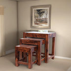 Sheesham Wood Nesting Stools for Living Room, Wooden Tables, Set of 3, Brown