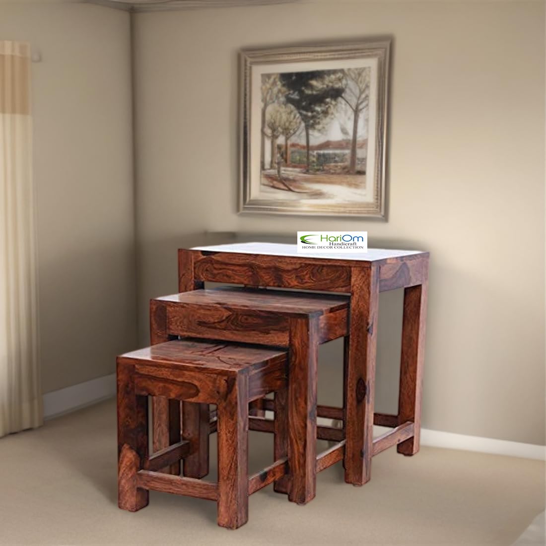 Sheesham Wood Nesting Stools for Living Room, Wooden Tables, Set of 3, Brown
