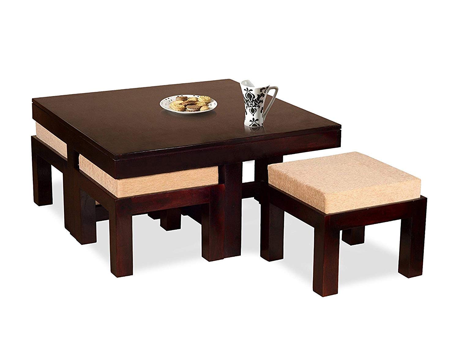 Kendal Sheesham Coffee for Living Room Center Table with 4 Stools (Teak Wood Finish with Cream Cushions)