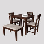 Sheesham Wood Dining Table (34x34) with 3 Chairs & 1 Bench | 4 Seater Dining Set