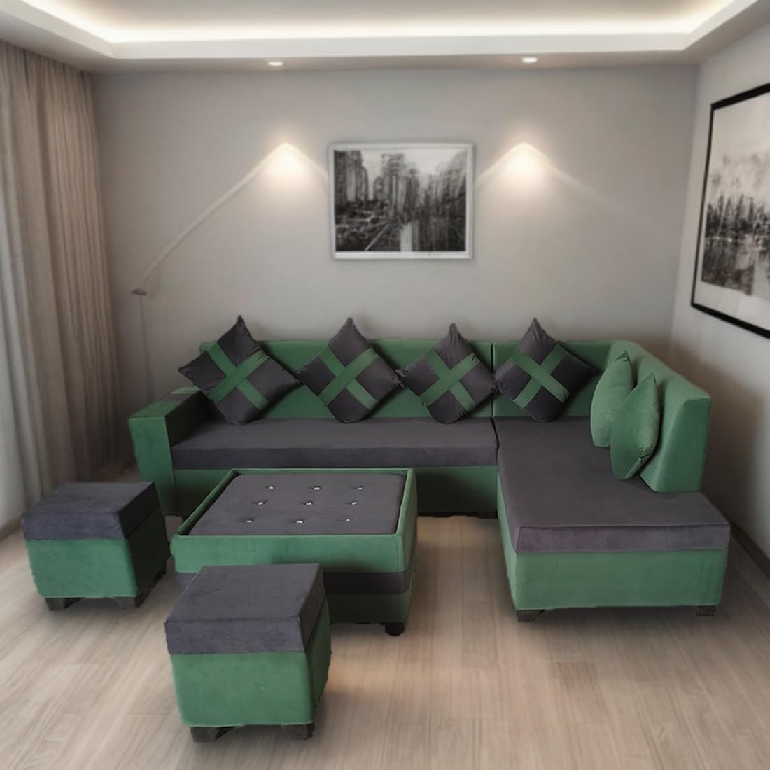 8 Seater Sofa Set, L Shape Sofa (Right Facing) 2 Ottoman, 6 Small Pillow with Coffee Table | Sofa for Home & Office Furniture