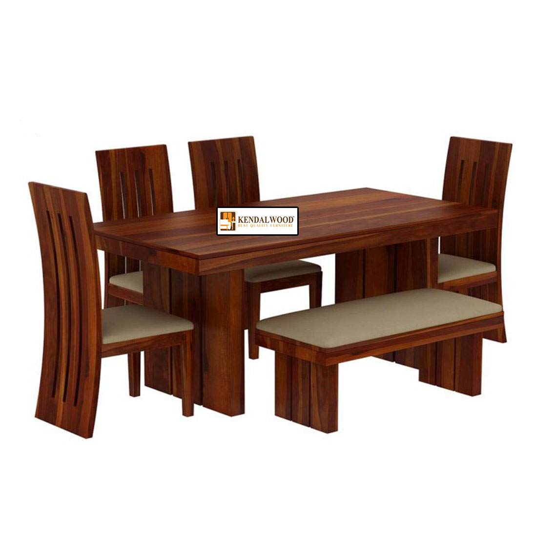 Sheesham Wood Dining Table with 4 Poster Chairs, 1 Bench |6 Seater Dining Set | Dining Room Furniture