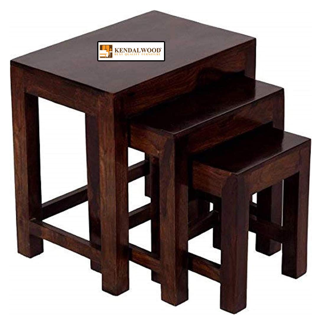 Sheesham Wood Nesting Stools for Living Room, Wooden Tables, Set of 3, Brown