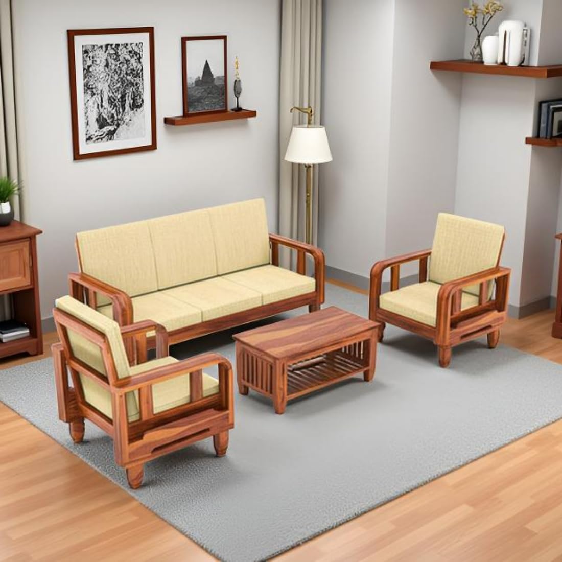 Solid Wood 5 Seater Wooden Sofa Set for Living Room Furniture | 3+1+1 Sofa Set with Center Table | Furniture for Home & Hotels