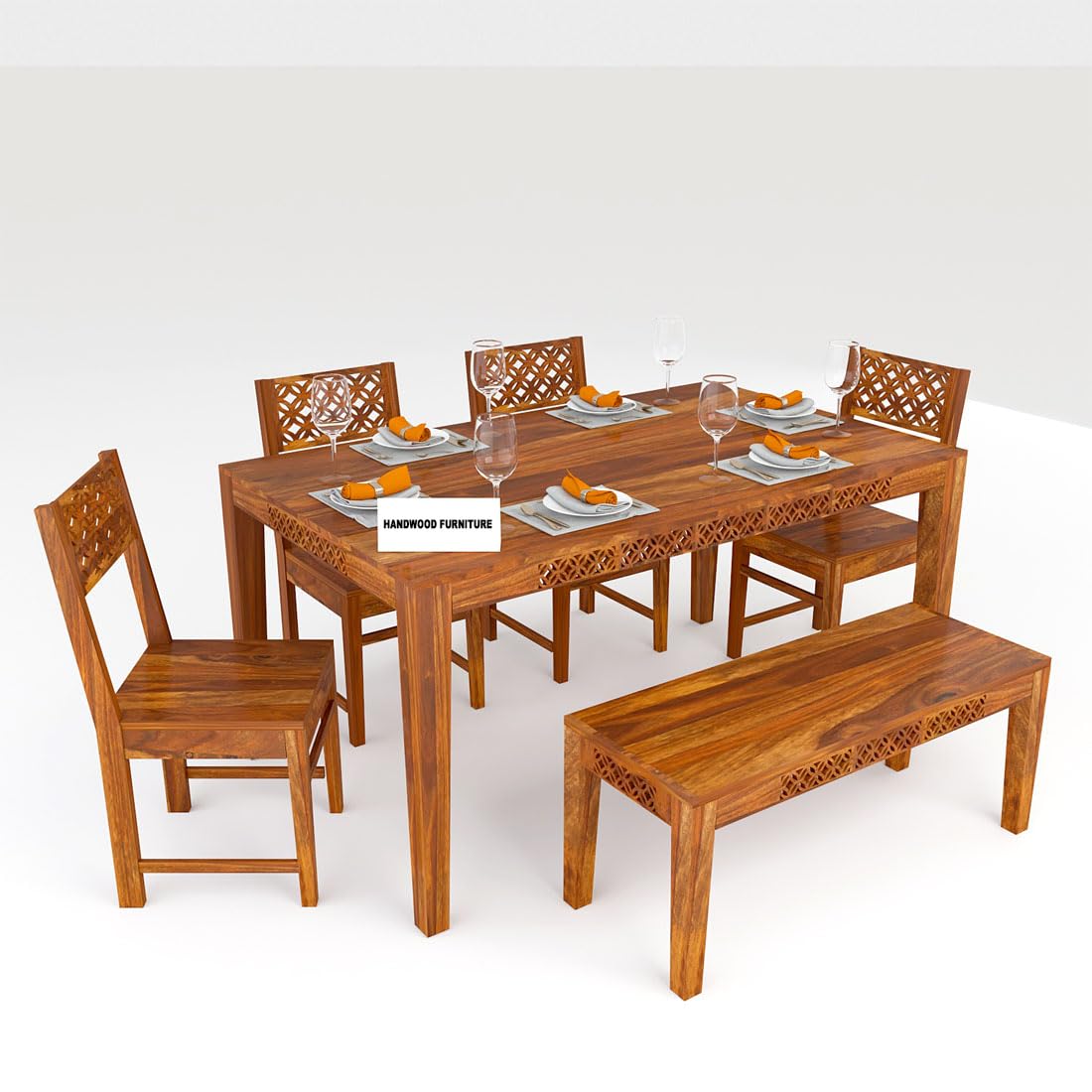 Sheesham Wood Dining Table(57x35) with 4 Chairs & 1 Bench | 6 Seater Dining Set | Wooden Dining Table with Chair - Dining Room Furniture
