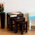 Sheesham Wood Nesting Stools for Living Room, Wooden Tables, Set of 3, Brown