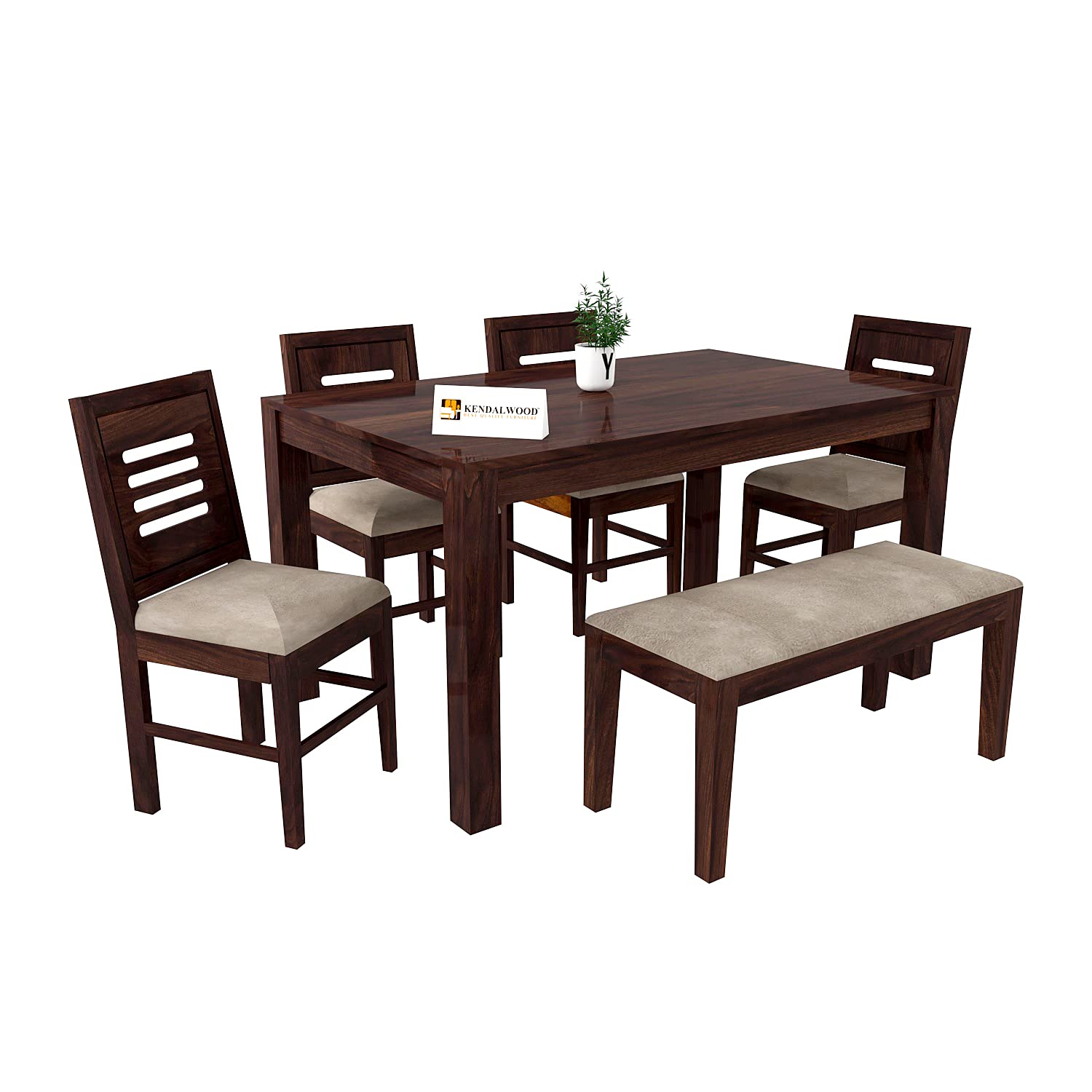 Sheesham Wood Dining Table (57x35 Inch) with 4 Chairs, 1 Bench |6 Seater Dining Set