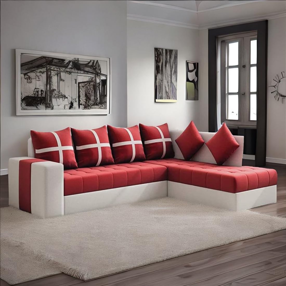 6 Seater L Shape Corner Sofa for Living Room | 6 Seater L Shape Sofa (Right Facing) with 6 Small Pillow | Sofa for Home & Office Furniture
