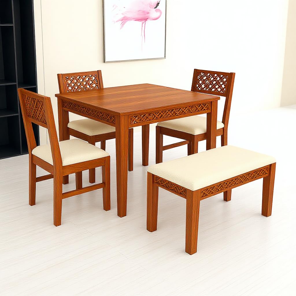 Sheesham Wood CNC Cuting Dining Table with 3 Chairs with 1 Bench | 4 Seater Dining Set- Dining Room Furniture Finish