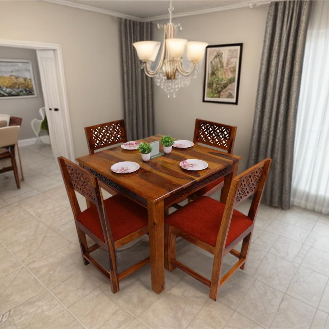Premium Sheesham Wood Dining Table (34x34) with 4 Chairs |4 Seater Dining Set | Wooden Dining Table with Chair | Dining Room Furniture