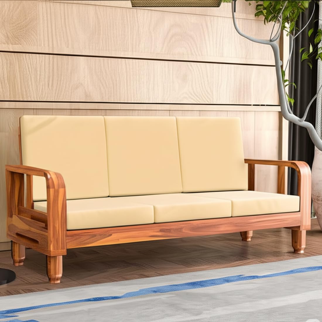 Solid Wood 3 Seater Wooden Sofa Set for Living Room Furniture | Sofa for Home & Office | 3 Seater Sofa