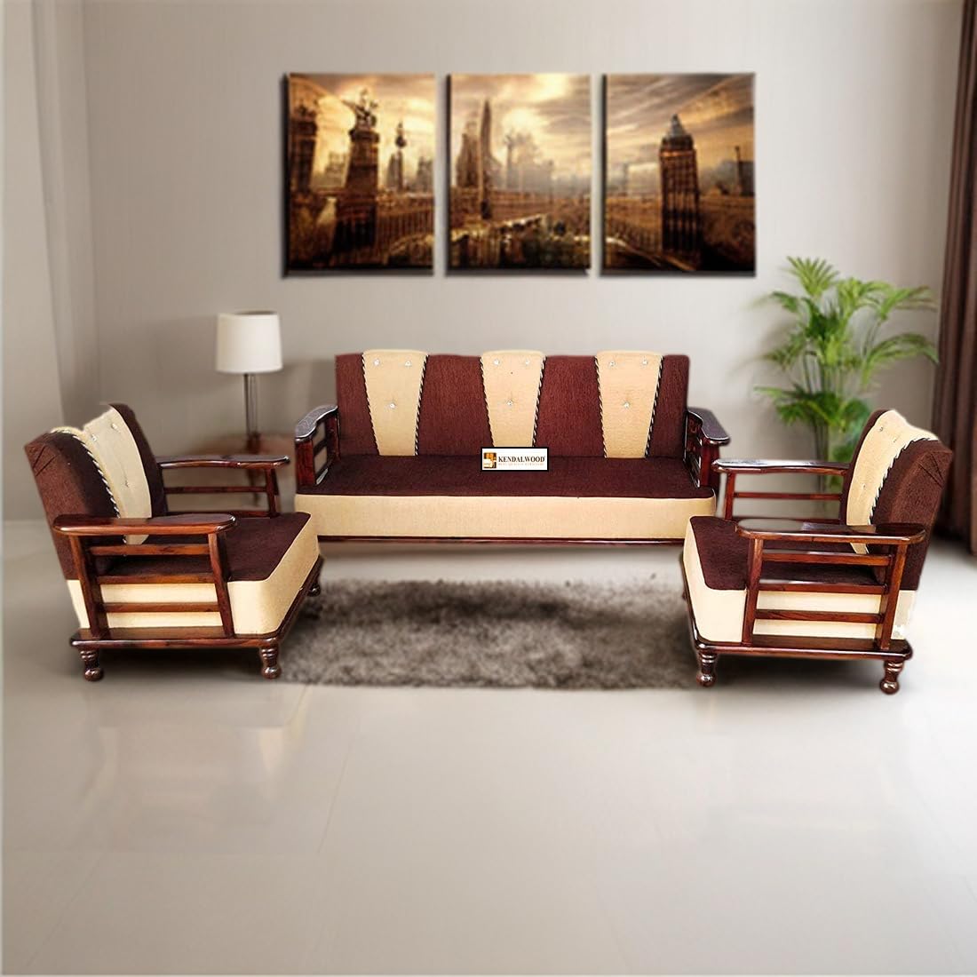 Solid Wood 5 Seater Wooden Sofa Set for Living Room Furniture Fabric 3 + 1 +1 Sofa Set