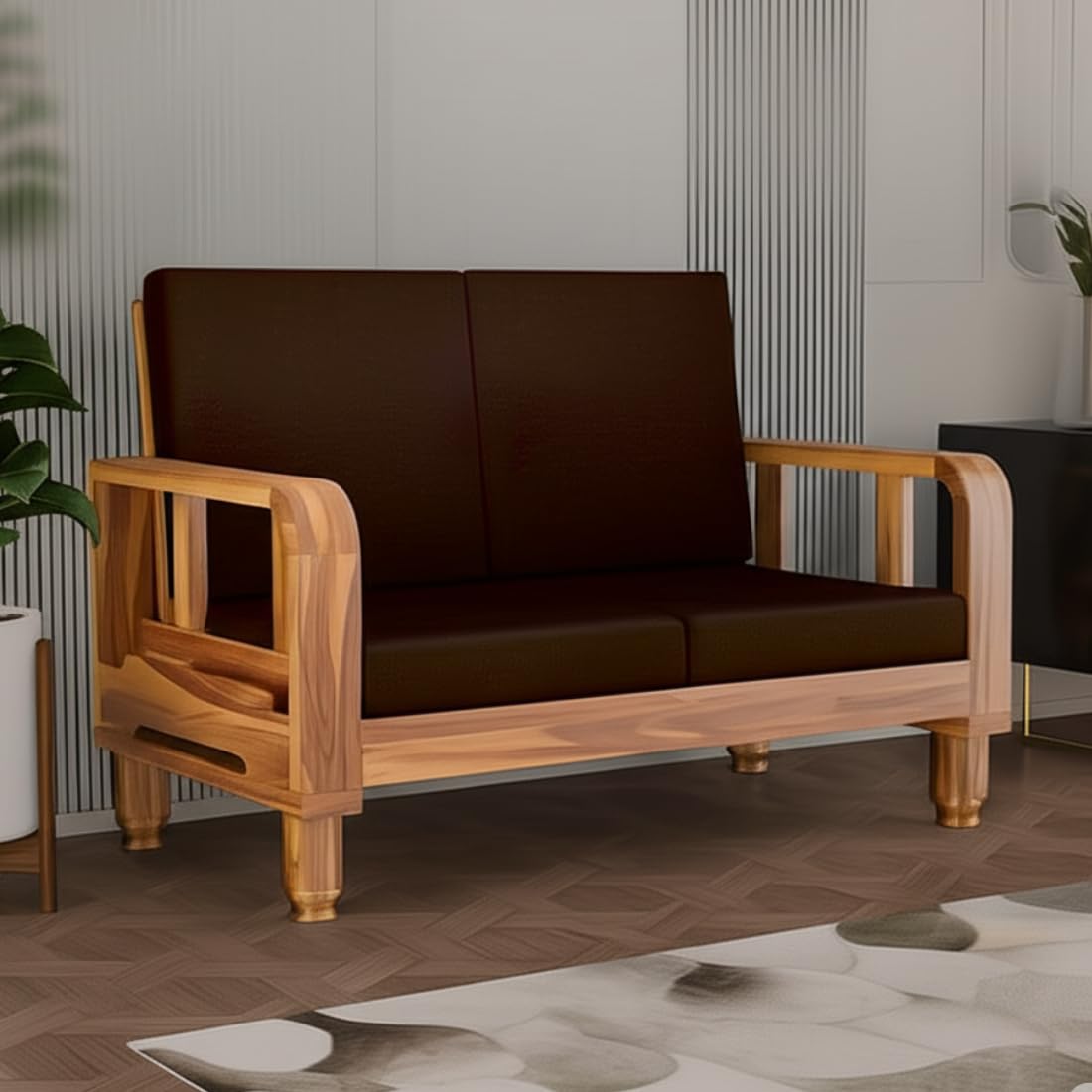 Solid Wood 2 Seater Wooden Sofa Set for Living Room Furniture Fabric 2 Seater Sofa