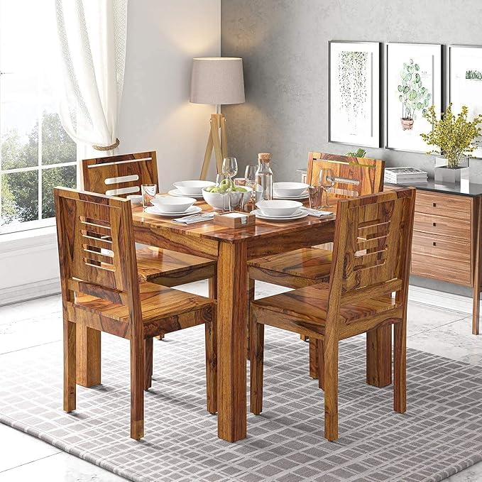 Sheesham Wood Dining Table(34x34) with 4 Chairs | 4 Seater Dining Set | Wooden Dining Table with Chair - Dining Room Furniture