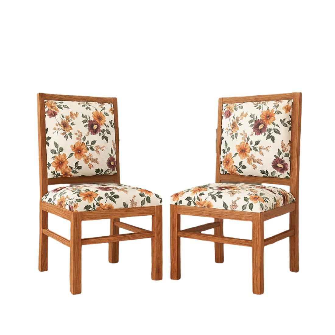 Solid Sheesham Wood Dining, Study Chair | Multipurpose Chair Set of 2 | Finish:- Honey Finish with Flower Printed Cushions