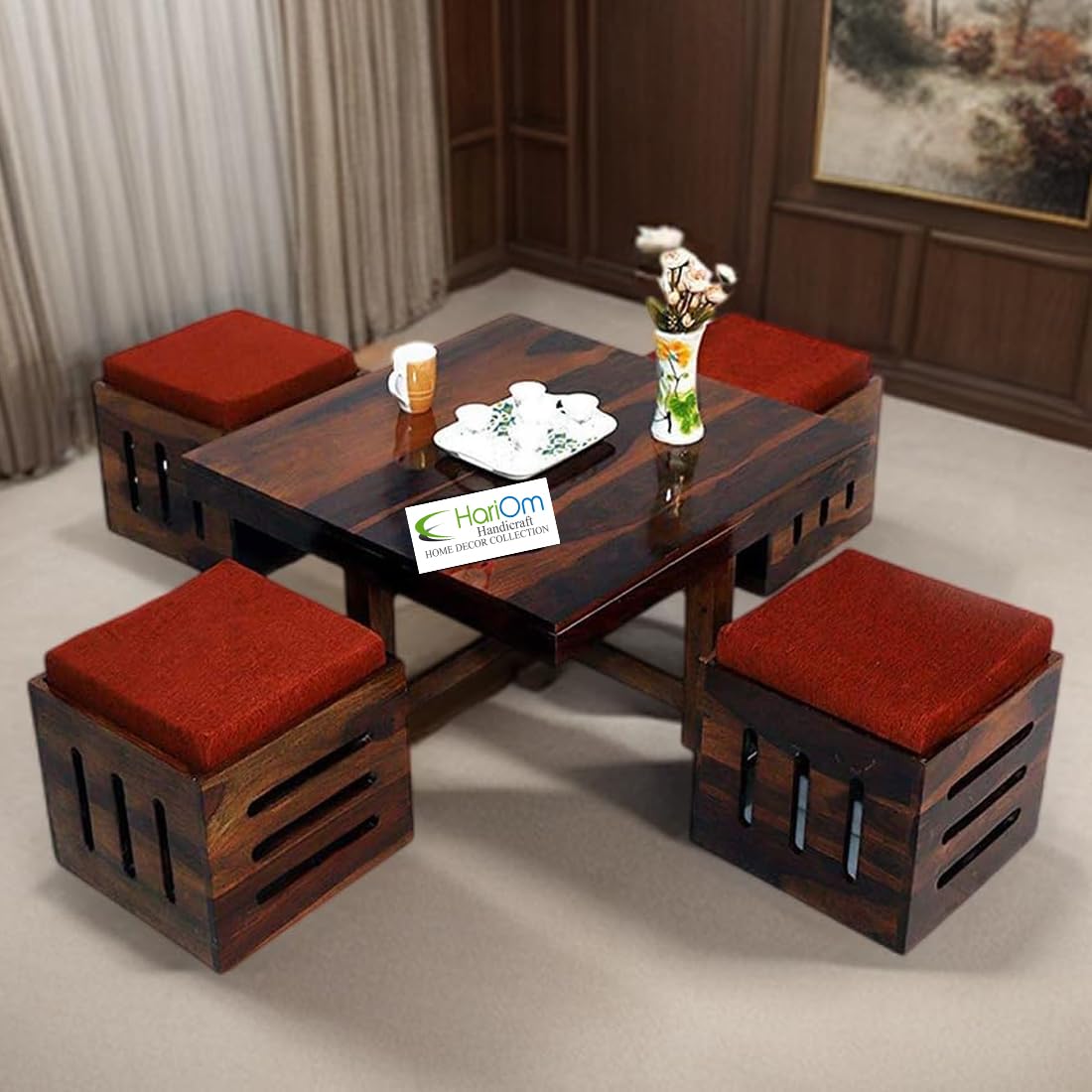 Sheesham KendalWood Capsule Cut Center Coffee Table with 4 Stools for Living Room Teak Finish with Orange Cushions