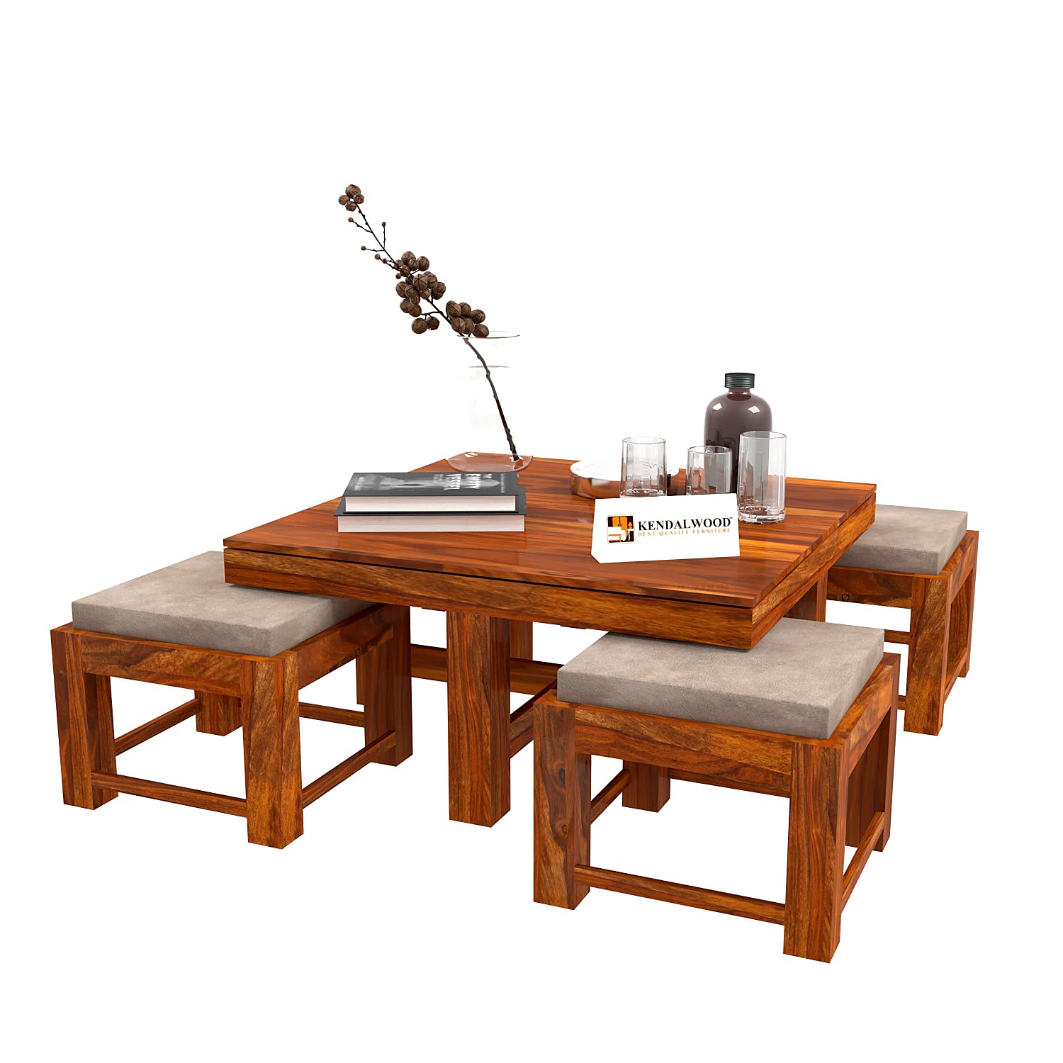 Sheesham Wood Coffee Table | Center Table with 4 Stool