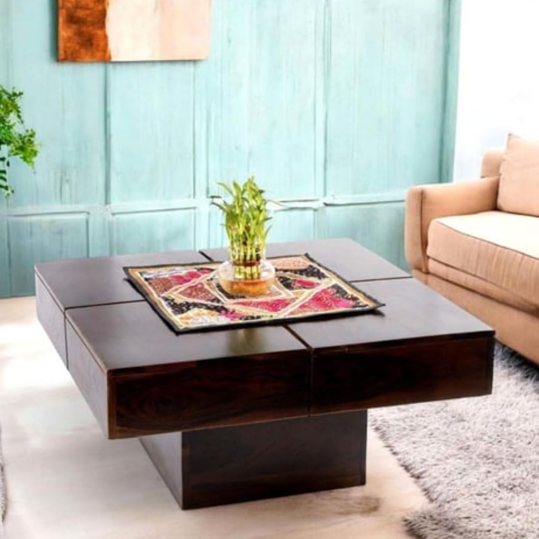 KendalWood Furniture Sheesham Wood Pre Assemble Plus Cut Square Coffee Table for Living Room