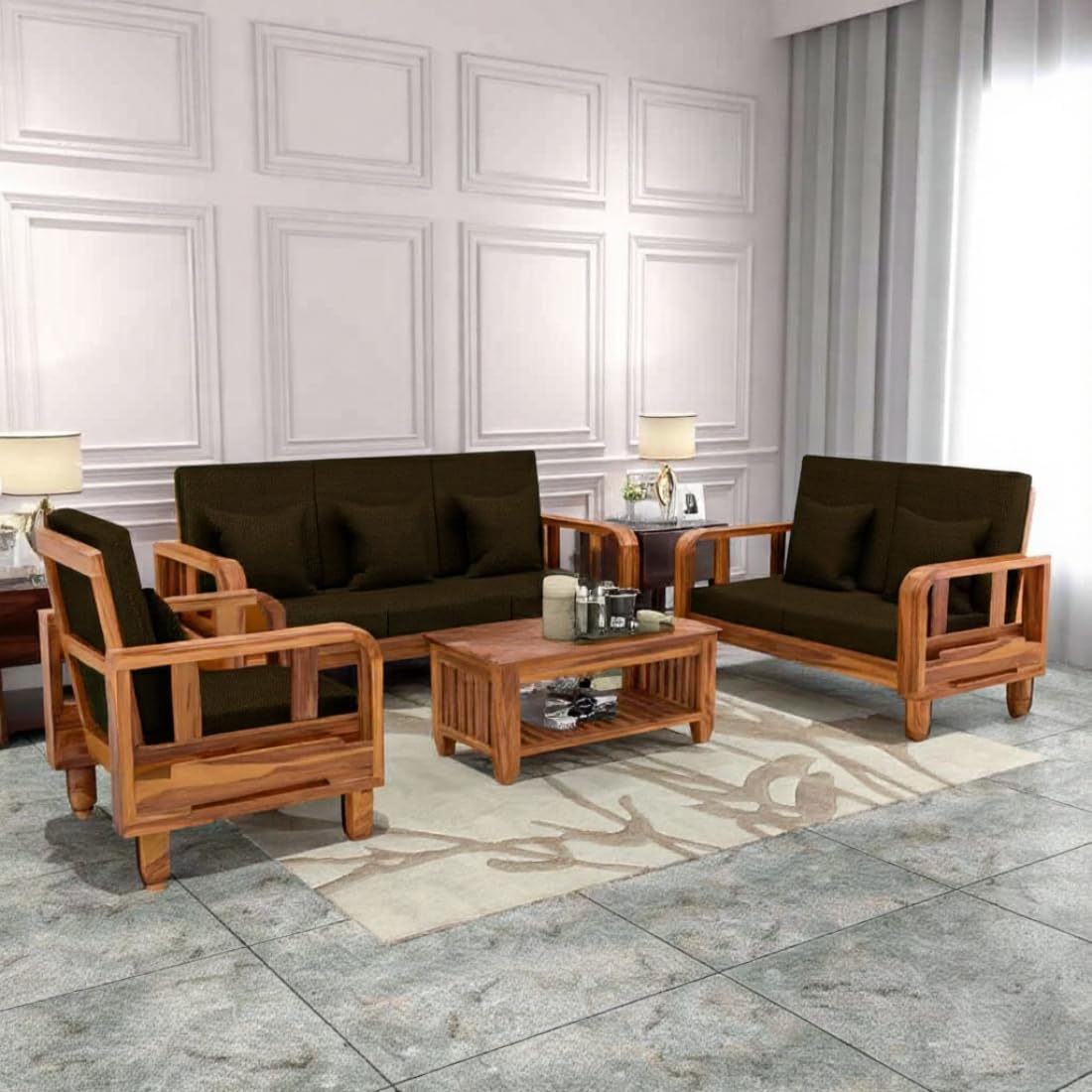 Solid Wood 6 Seater Wooden Sofa Set for Living Room Furniture 6 Seater 3+2+1 Fabric Sofa Set with Center Table