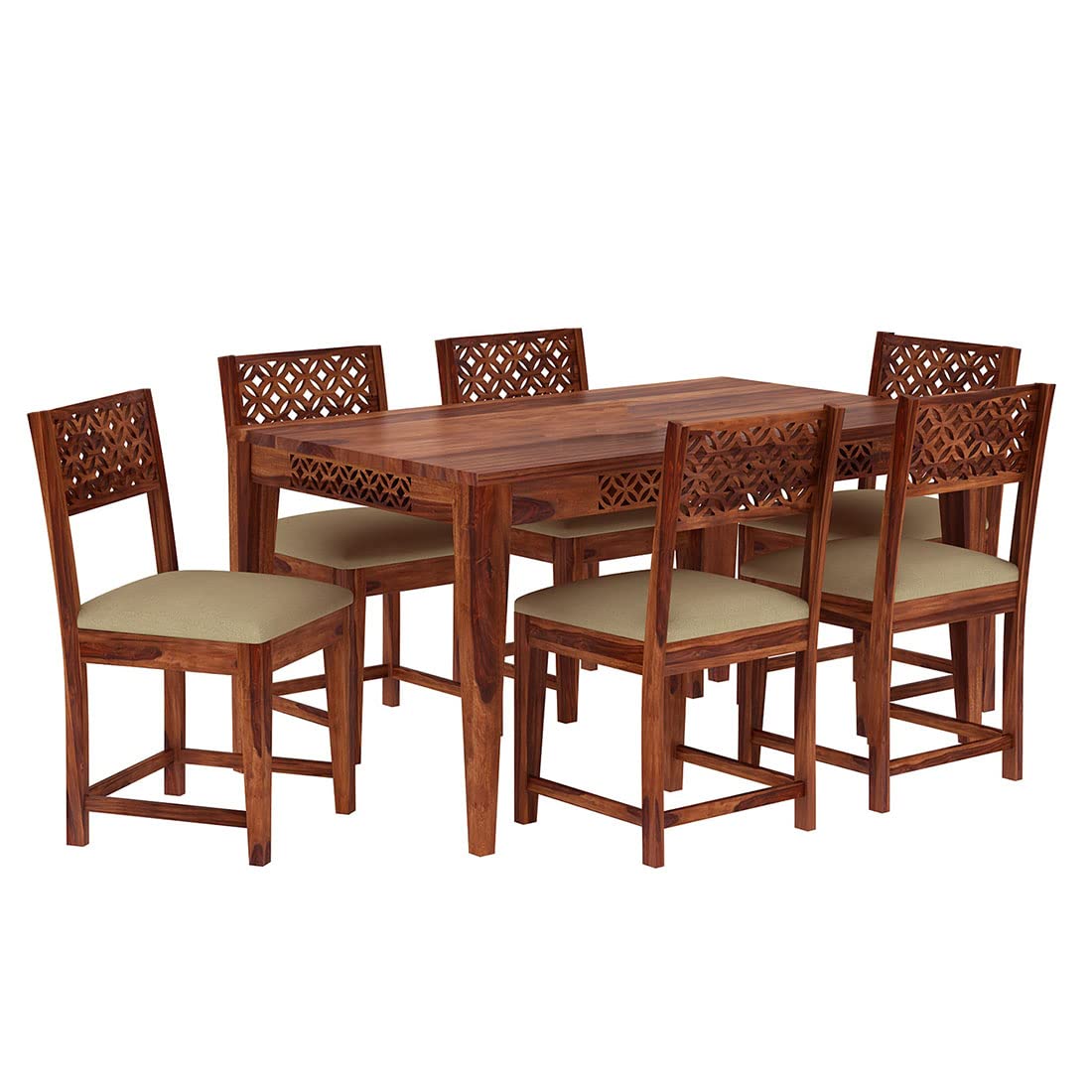 CNC Cutting Solid Wood Solid Wood 6 Seater Dining Set | Wooden Dining Table with Chair - Dining Room Furniture