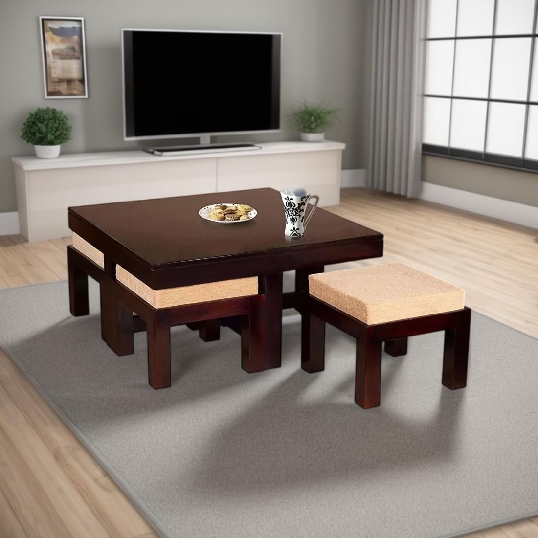 Kendal Sheesham Coffee for Living Room Center Table with 4 Stools (Teak Wood Finish with Cream Cushions)