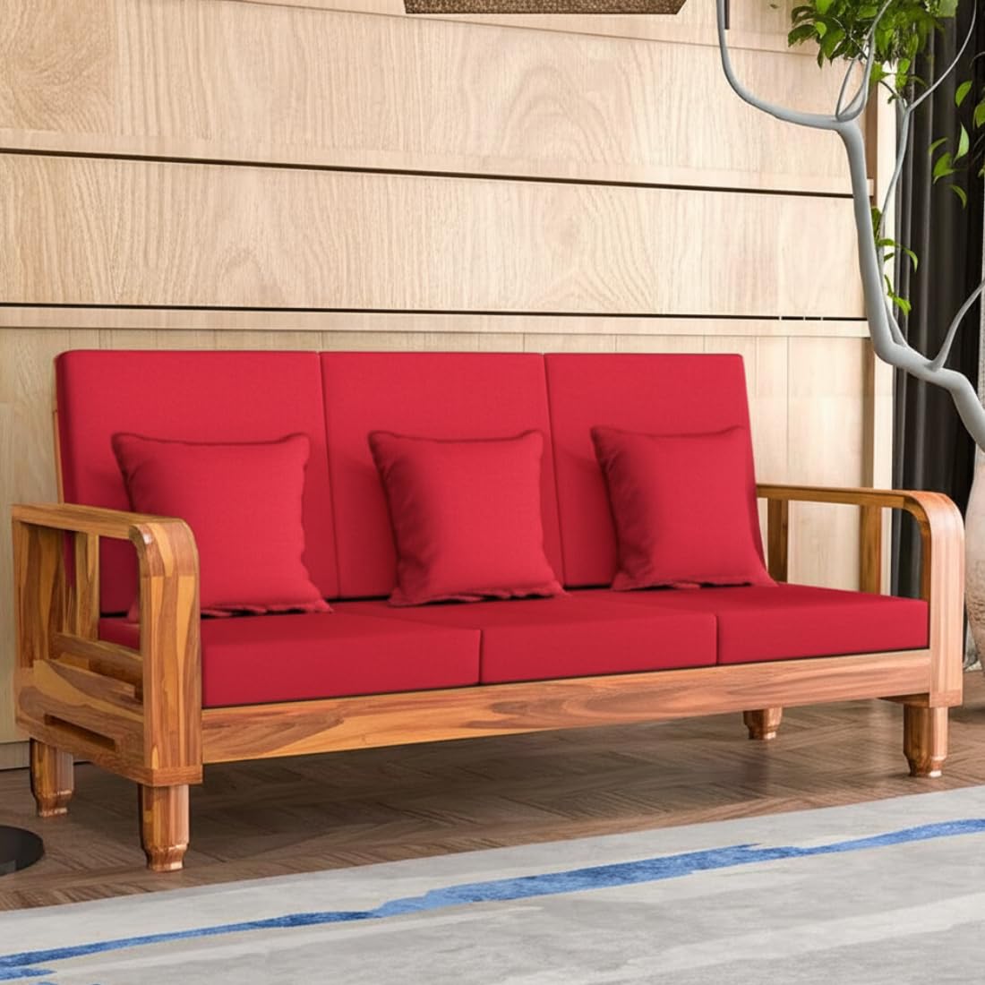 Solid Wood 3 Seater Wooden Sofa Set for Living Room Furniture Fabric 3 Seater Sofa