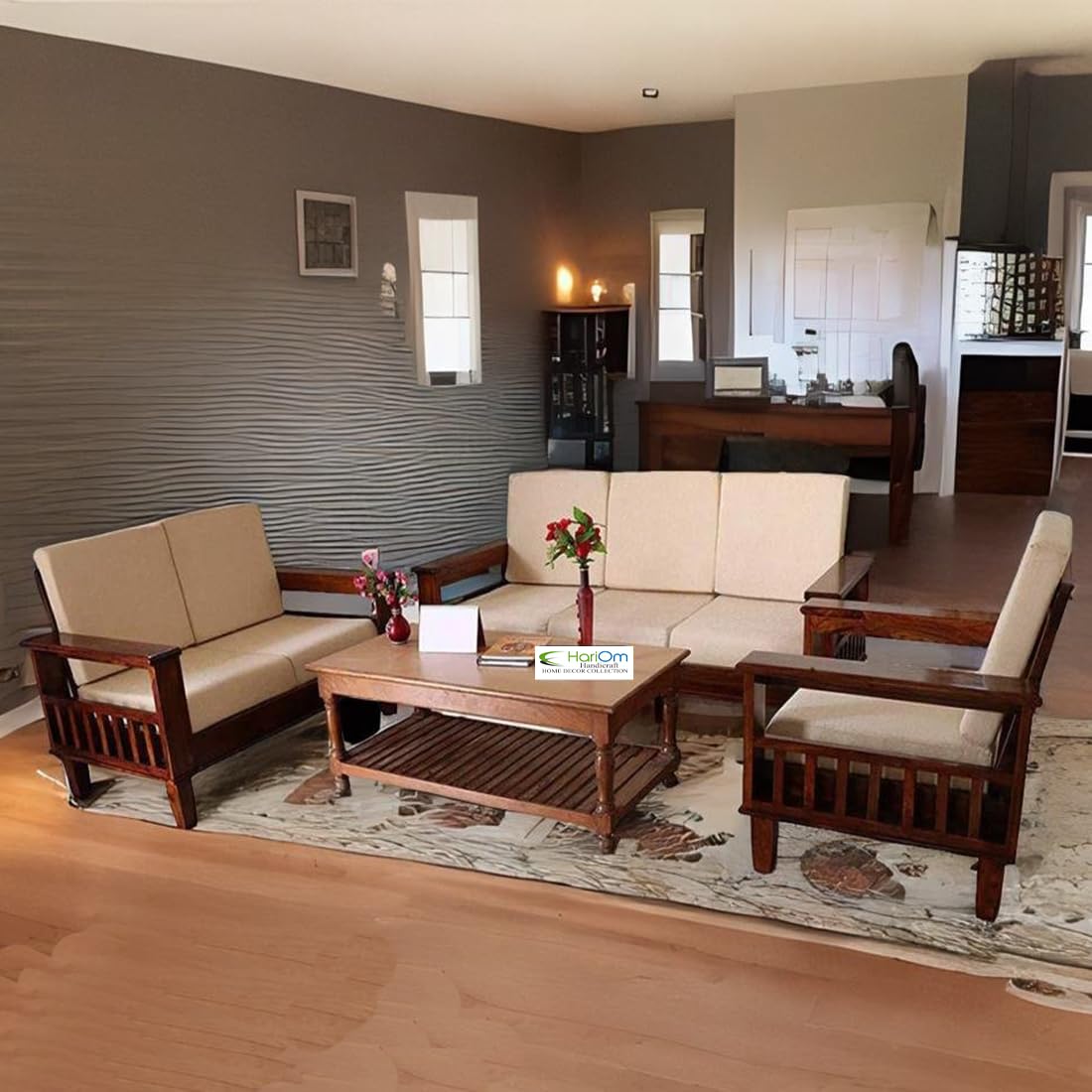 KendalWood Furniture Natural Brown Finish Solid Sheesham Wood 3+2+1 6 Seater Sofa Set