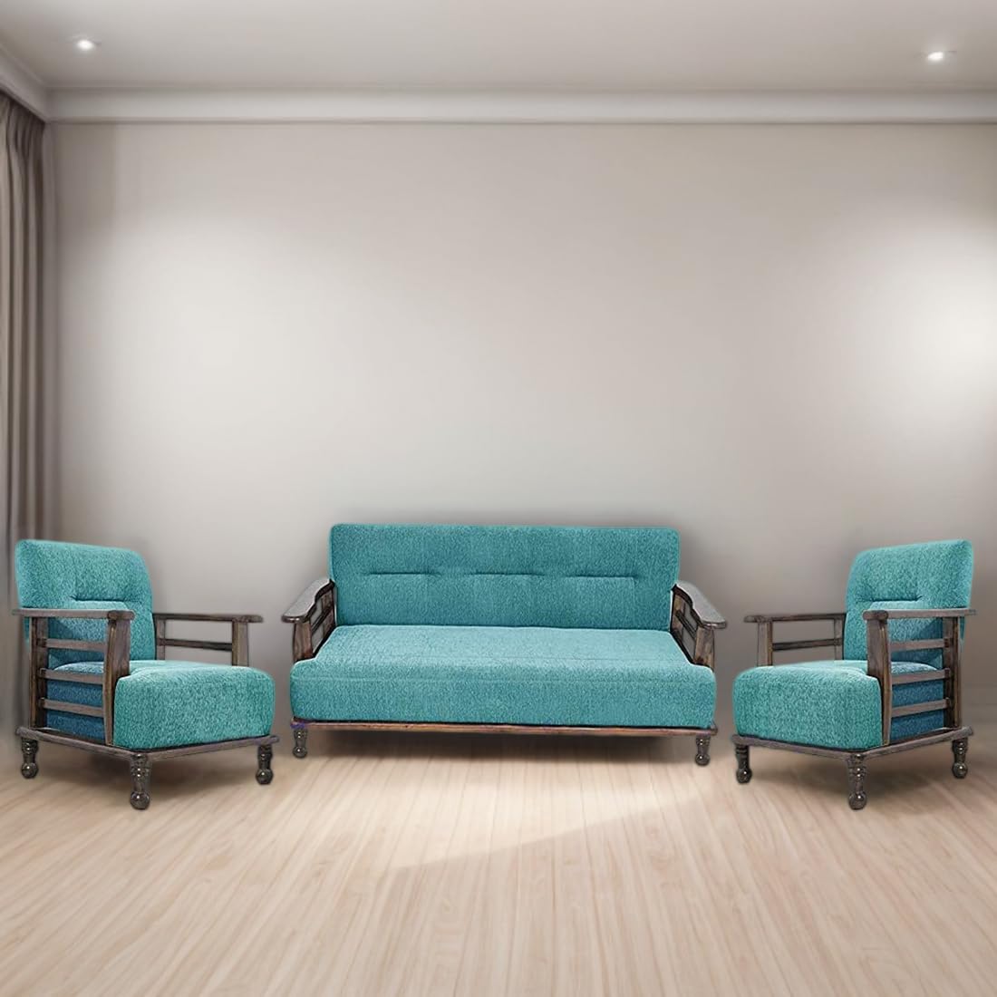 Solid Wood 5 Seater Wooden Sofa Set for Living Room Furniture | 3+1+1 Fabric Sofa Set Without Centre Table | Sofa for Home & Office Furniture