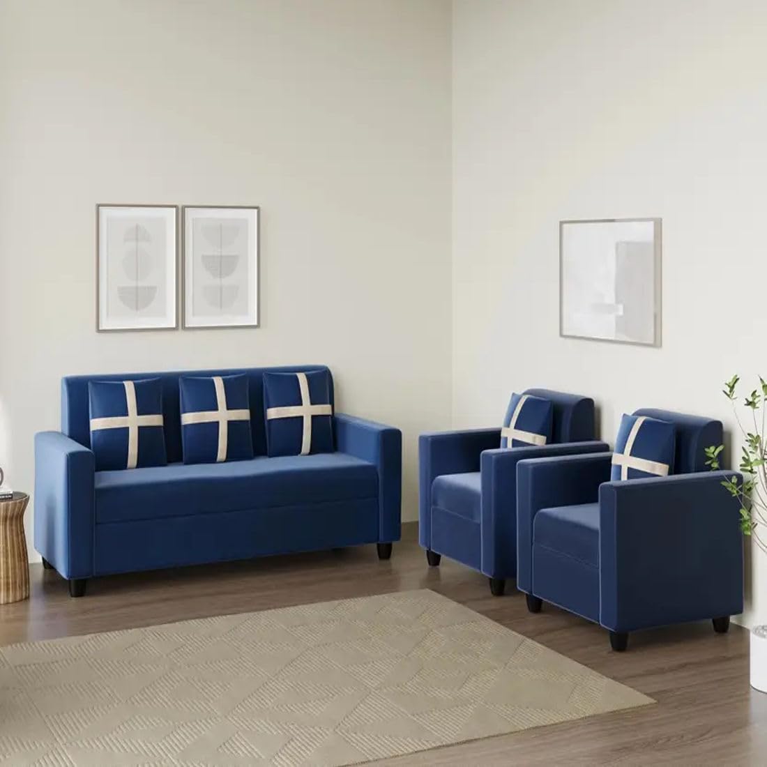 5 Seater Fabric Sofa Set for Living Room Furniture | Wooden 3 + 1 + 1 Sofa Set for Home & Office