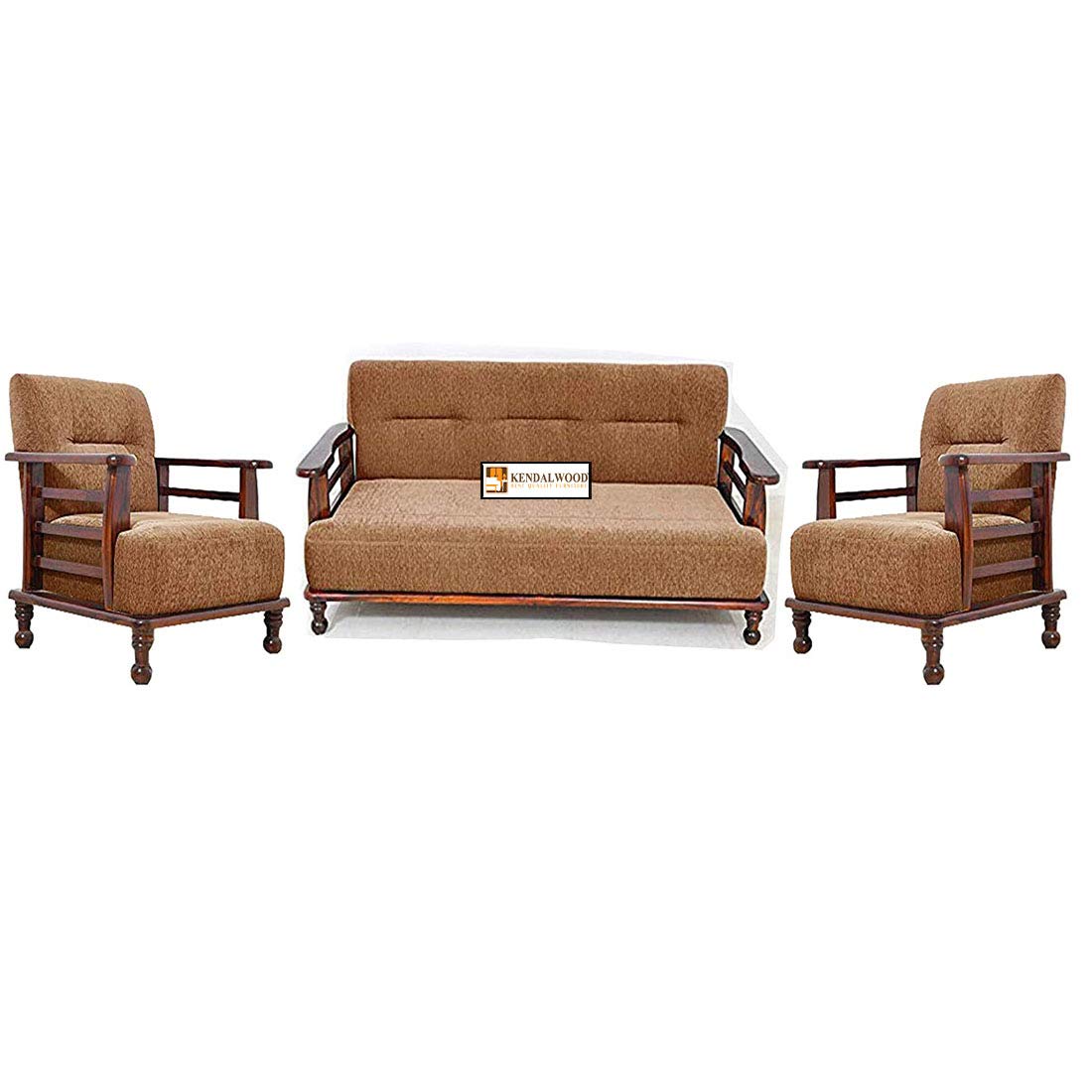 Solid Sheesham Wood Sofa Set | Wooden Sofa Set | Pre Assembled (Ready to Use) | Fabric 3 + 1 + 1 Natural