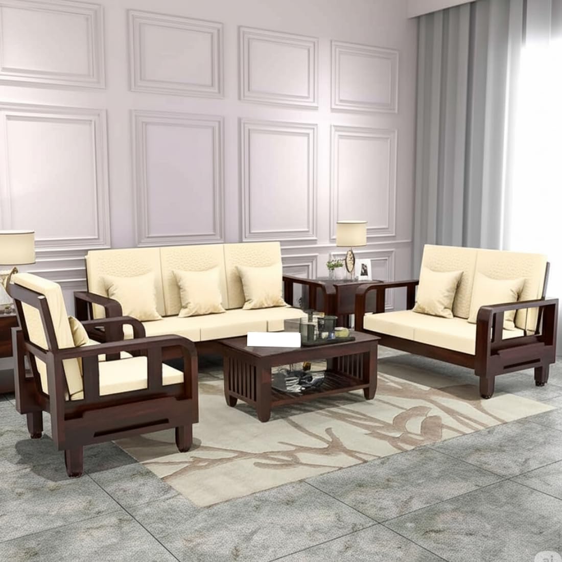 Solid Wood 6 Seater Wooden Sofa Set for Living Room | 3+2+1 Sofa Set with Center Table | Furniture for Home & Hotels