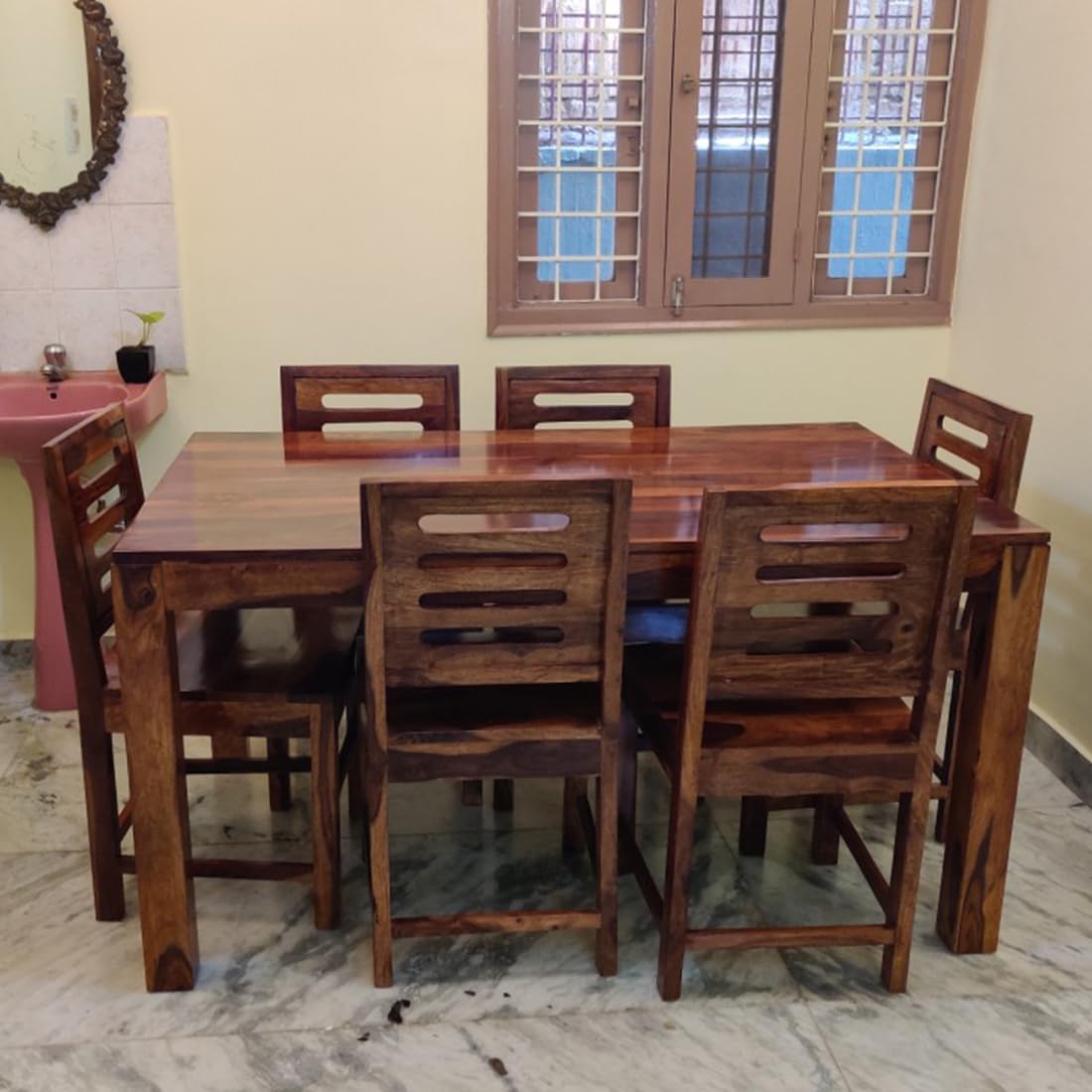 Sheesham Wood Dining Table (57x35) with 6 Chairs | 6 Seater Dining Set | Wooden Dining Table with Chair | Dining Room Furniture