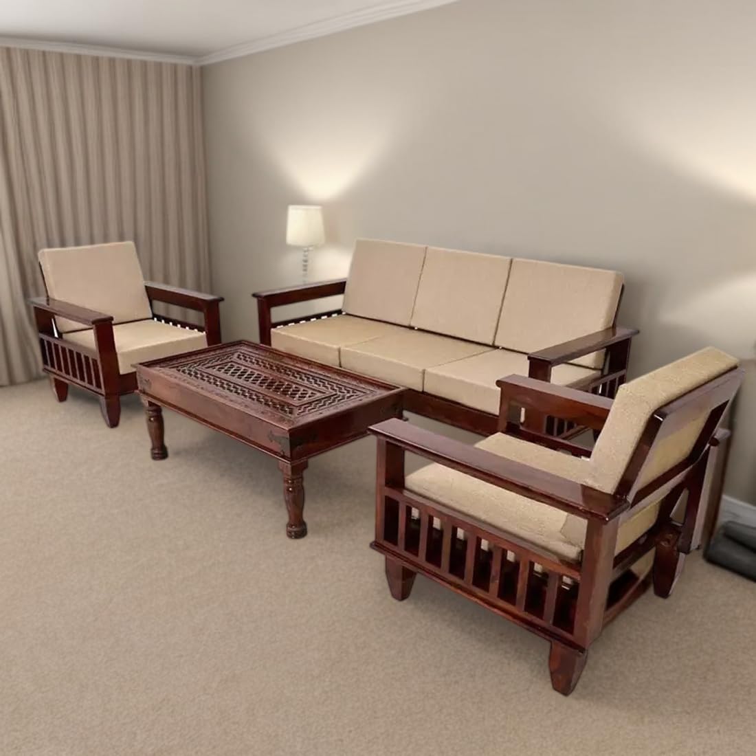Solid Sheesham Wood 5 Seater Sofa Set | Living Room Wooden Sofa Set 3+1+1With Cushions