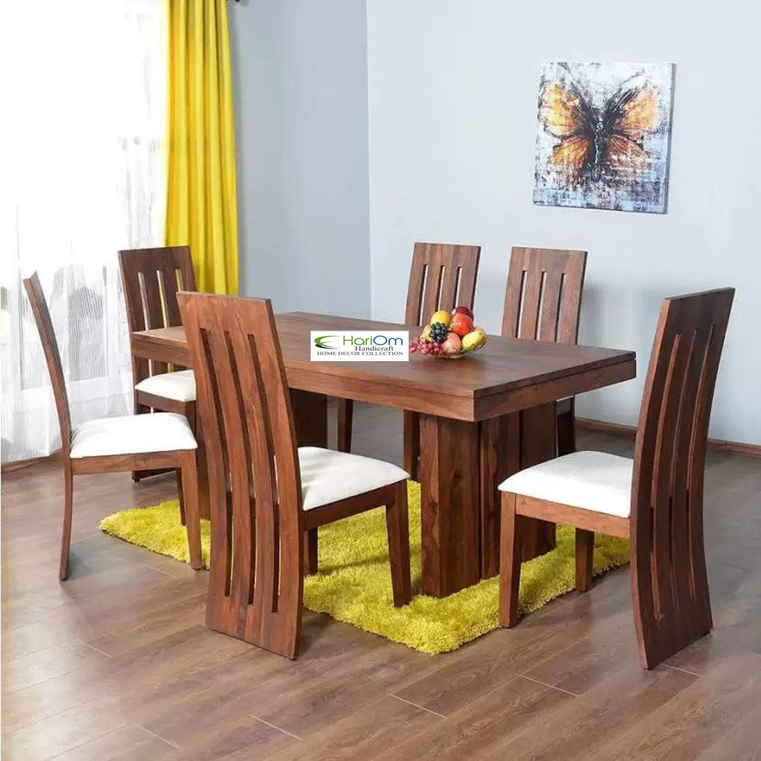 Sheesham Wood Honey Finish Dining Table with 6 Chairs and White Cushion