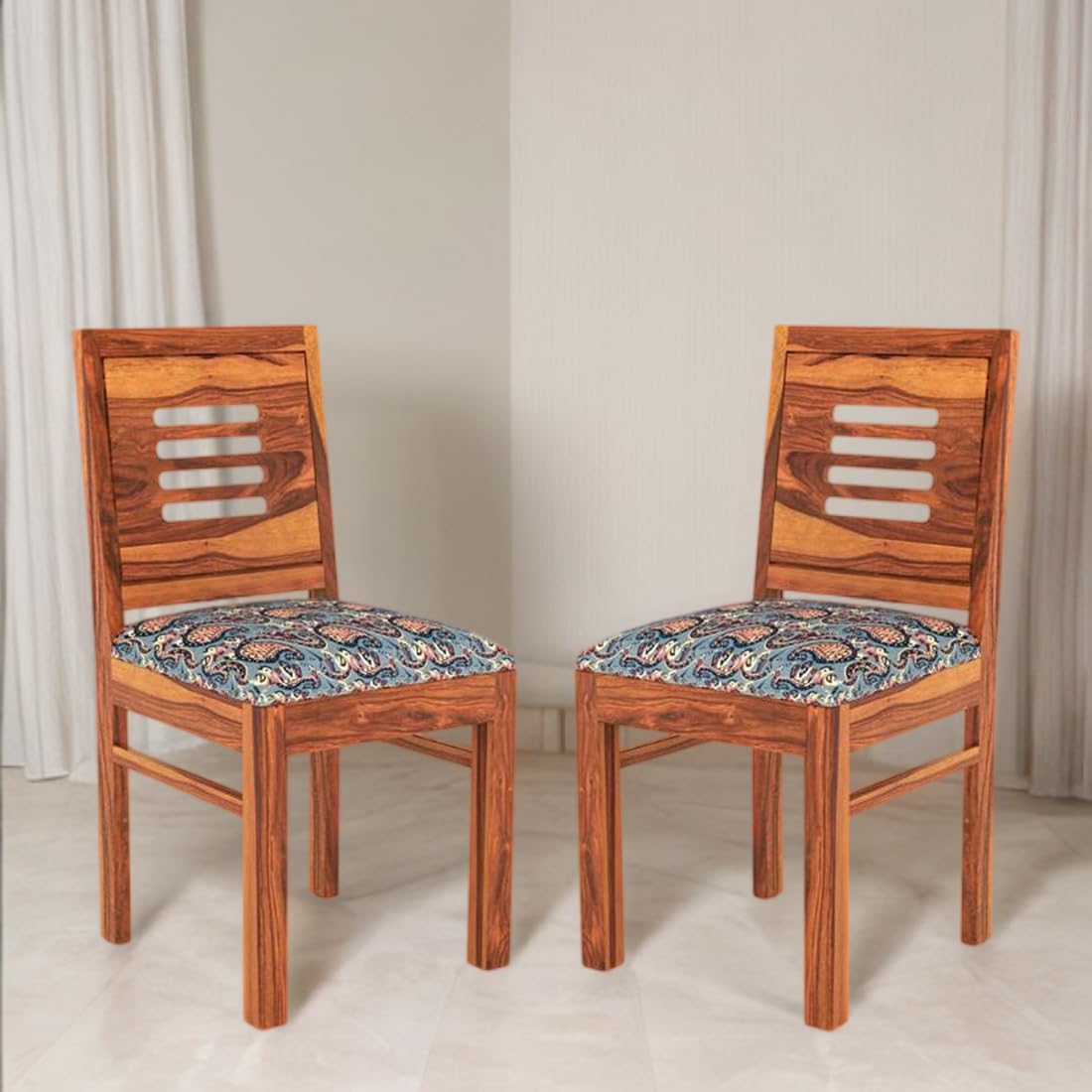 Modern Home Furniture | Solid Wood Dining Chair Set of 2 | Study Chair for Home & Office | Honey Finish with Printed Cushions
